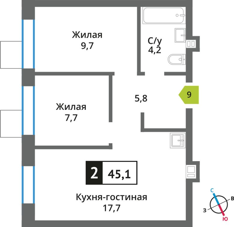 Планировка 45.1 м²