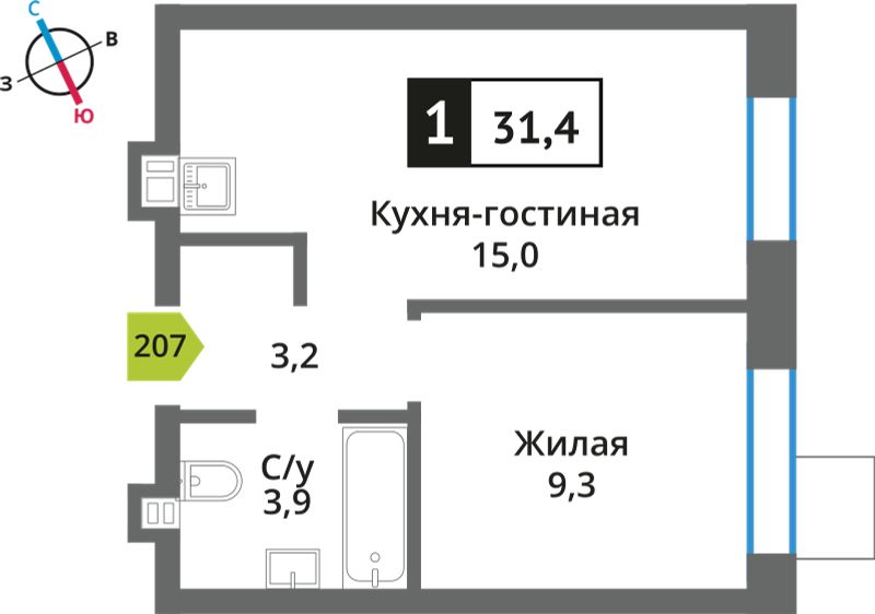 Планировка 31.4 м²