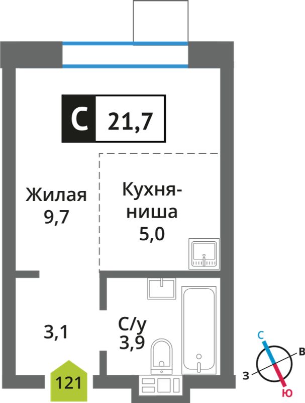 Планировка: Студия, 21.7 м²