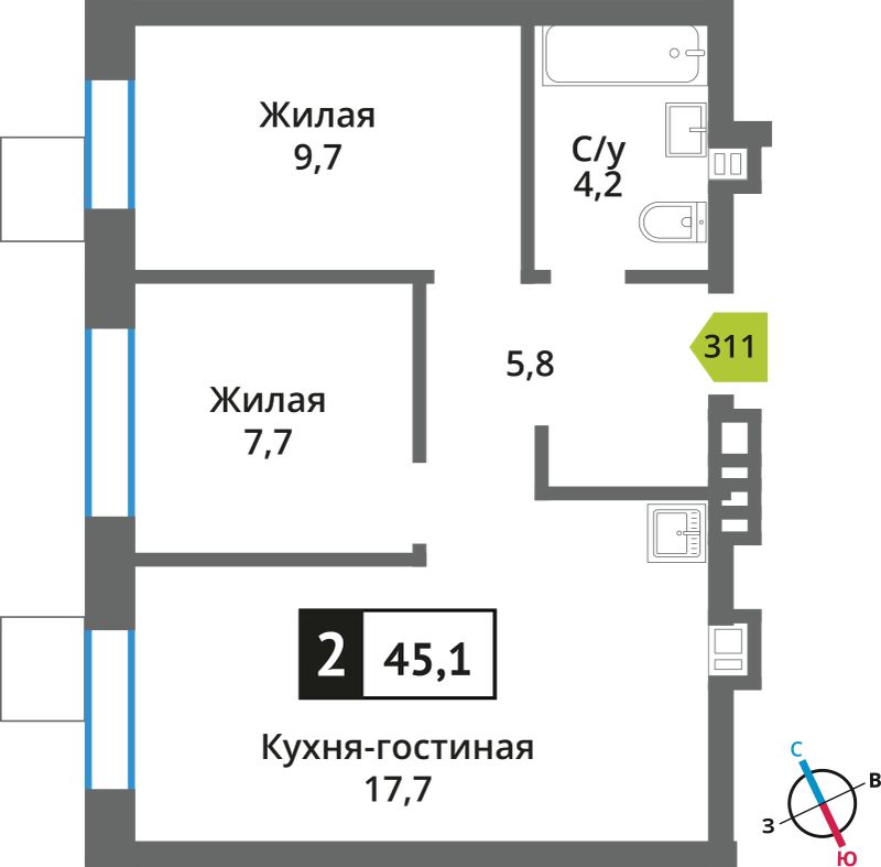 Планировка 45.1 м²