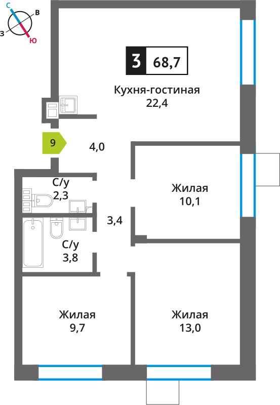 Планировка 68.7 м²