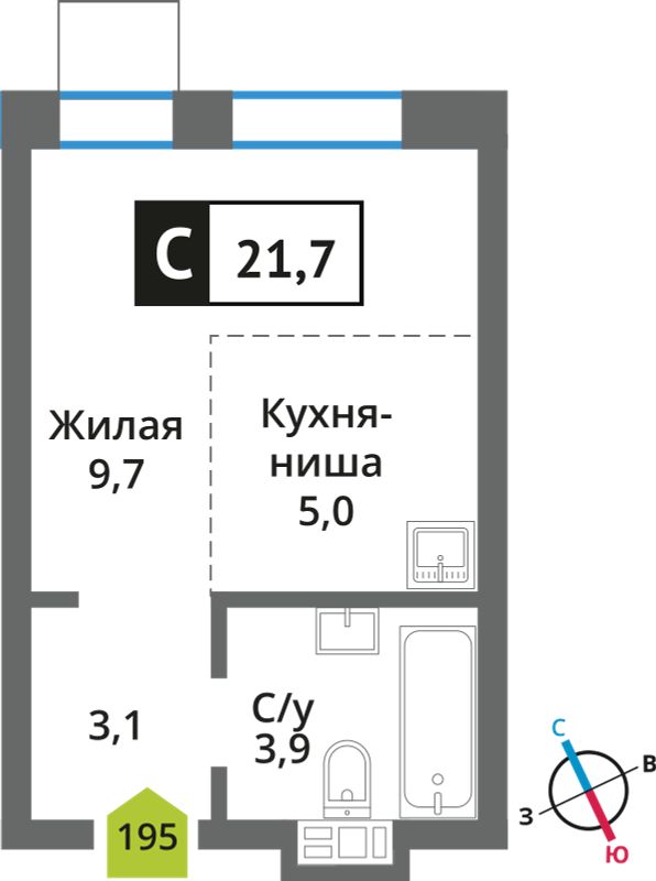 Планировка: Студия, 21.7 м²