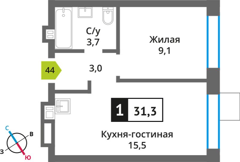 Планировка 31.3 м²