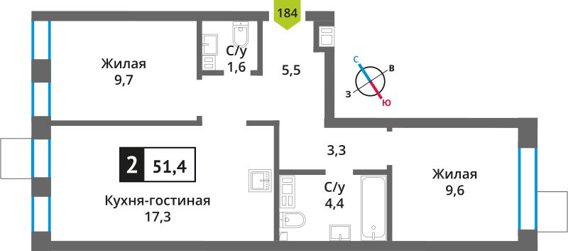 Планировка 51.4 м²