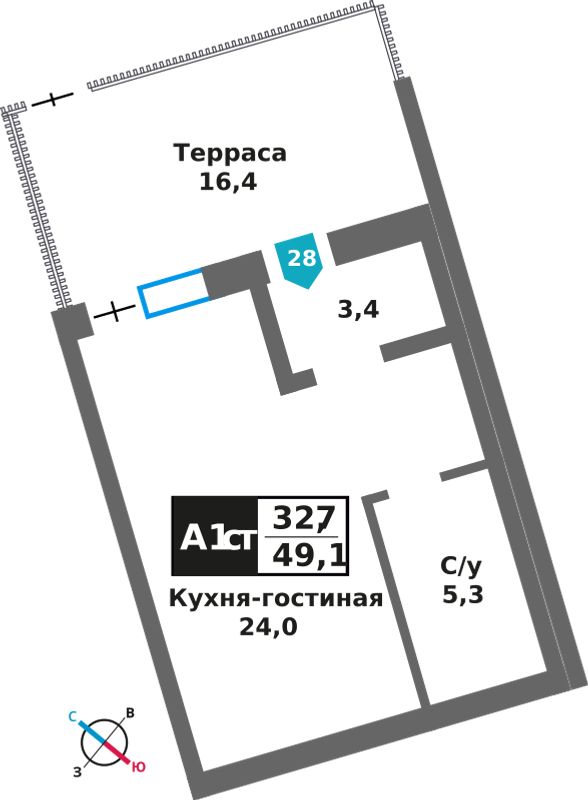 Планировка: 1-комнатная, 49.1 м²