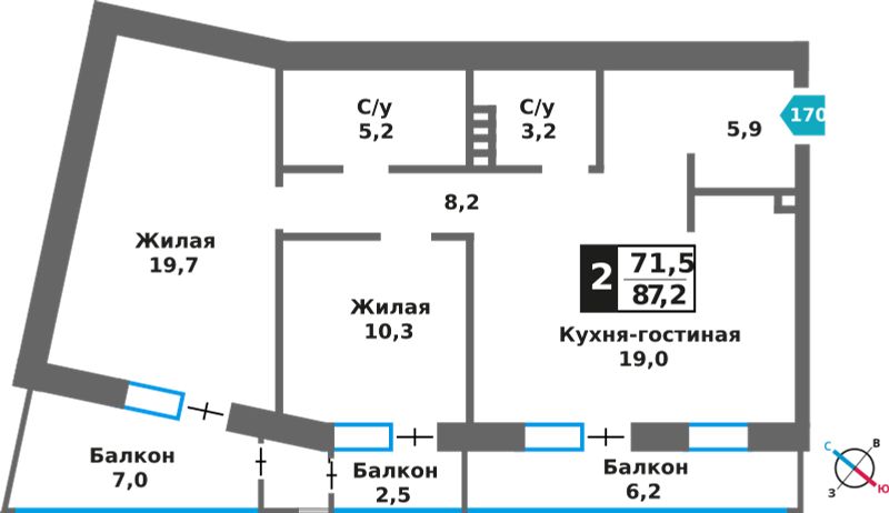 Планировка 71.5 м²