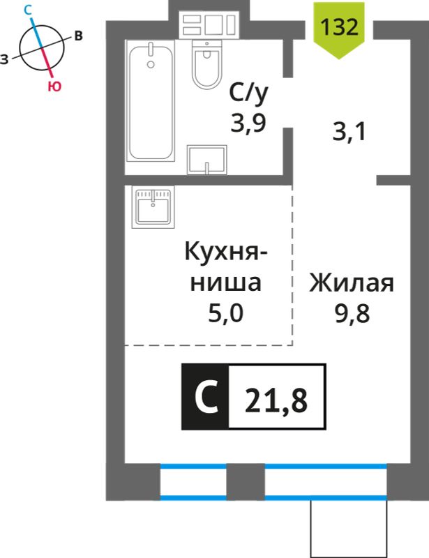 Планировка: Студия, 21.7 м²
