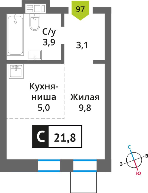 Планировка: Студия, 21.7 м²