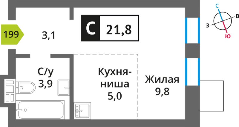 Планировка: Студия, 22.0 м²